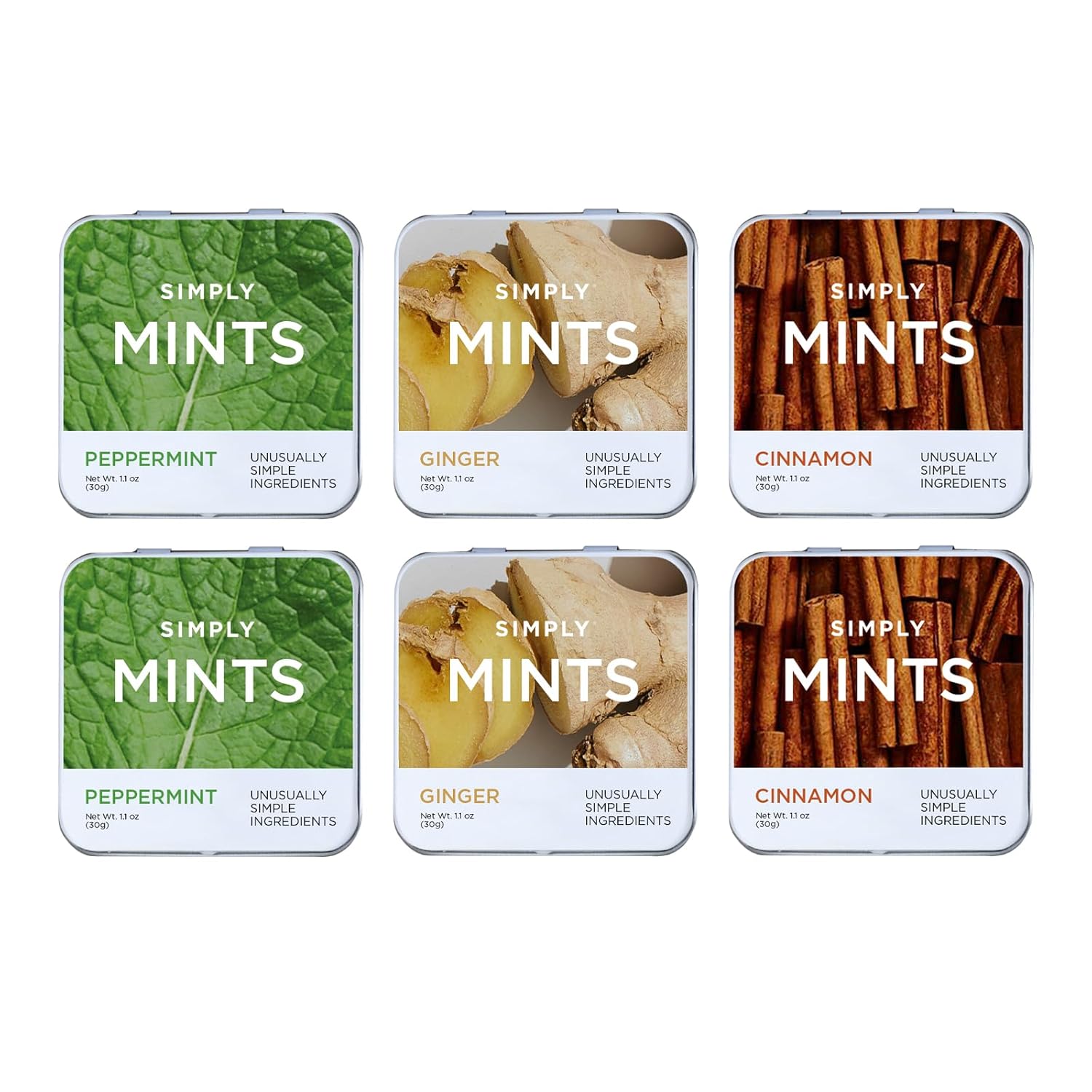 SIMPLY Mints | Variety Pack - Peppermint, Ginger, Cinnamon | Pack of Six (180 Pieces Total) | Breath Freshening + Aspartame-Free + Vegan + non-GMO