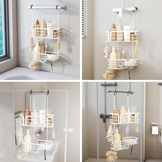 SWTYMIKI Shower Caddy Hanging Organizer - Over the Door Shower Caddy with Soap Holder, 11 Hooks, 2 Installation Ways, Stainless Steel Rustproof Bathroom Organizer, Black
