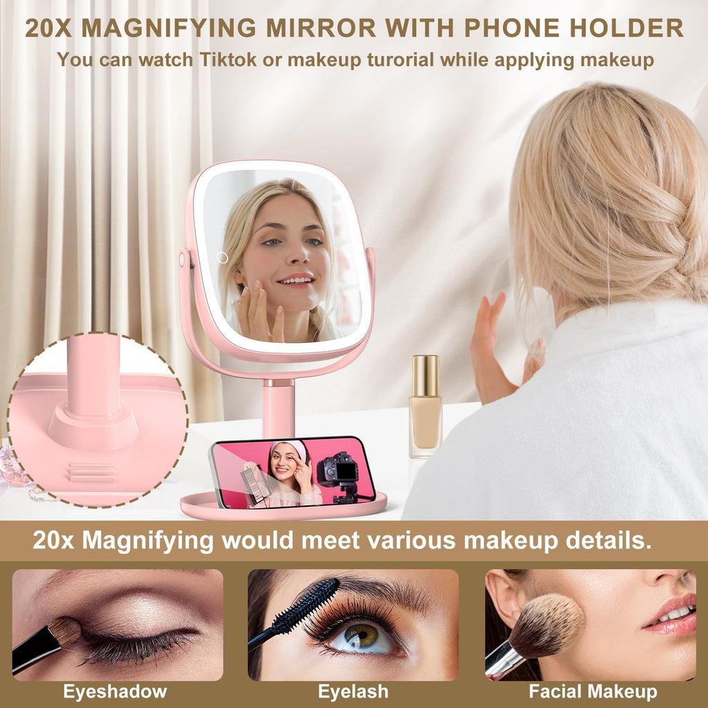 Mocado Makeup Mirror with Lights, 1X/20X Magnifying Mirror with Light, Vanity Mirror with 3 Colors Lights, Height Adjustable Lighted Makeup Mirror, Double Sided 360°Rotation, Memory Function (Pink)