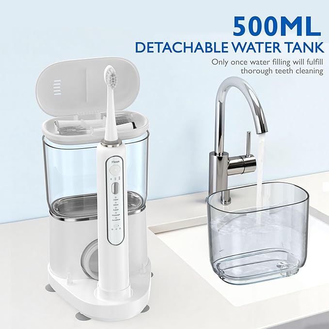 Electric Toothbrush with Water Flosser - Wireless Charging 3 in 1 Flossing Toothbrush - 500ML Professional Cordless Brush and Flosser in One - 5 Brush Modes & 3 Floss Speed (White)