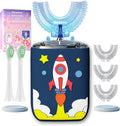 Kids U Shaped Electric Toothbrush Ultrasonic Automatic Brush with 5 Brush Head 6 Clean Modes IPX7 Waterproof Whole Mouth Rechargeable Smart Timer Toothbrushes for Children Age 2-7 (Blue)