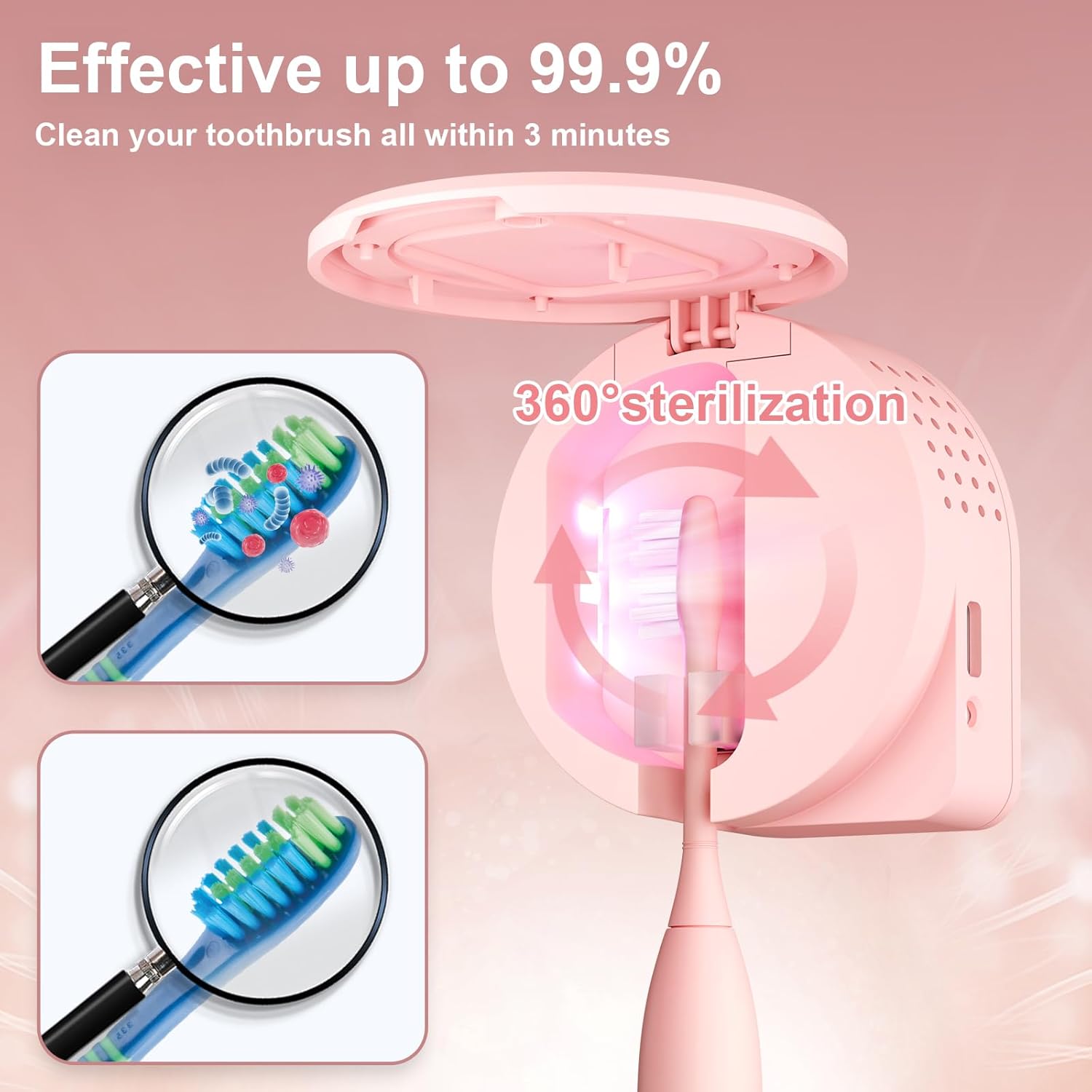 UV Toothbrush Sanitizer Holder, Toothbrush Sanitizer and Holder Cover Caps with Fan Drying, Rechargeable Portable Toothbrush Cleaner Case Fits Most Electric and Manual Toothbrushes (Pink)
