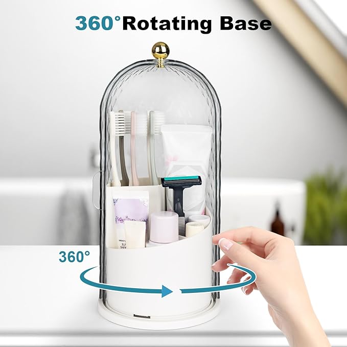 Toothbrush Holders with Sliding Lid, Rotating 3 Slots Bathroom Organizer Countertop, Tooth Brush Toothpaste Holder Bathroom Counter Stand Caddy for Vanity Makeup Brushes Holder (White)