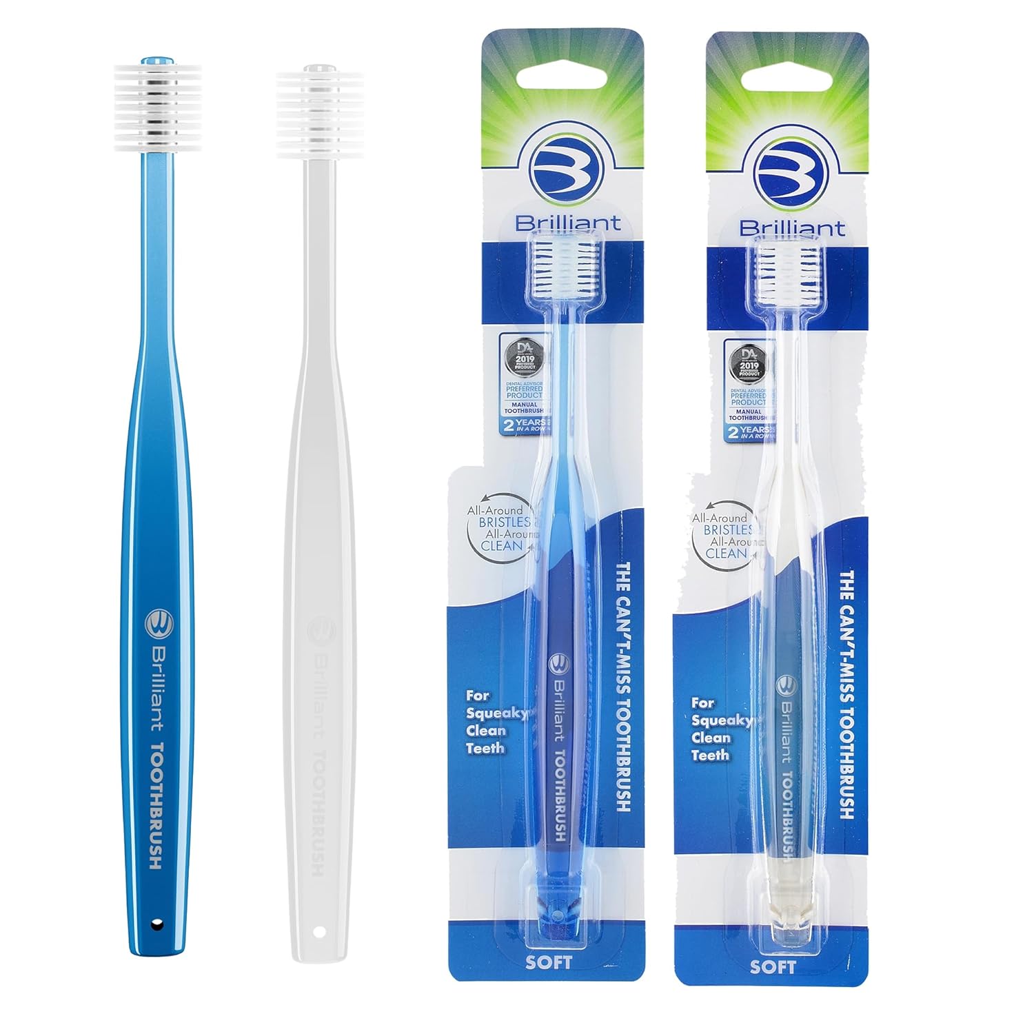 Brilliant Oral Care Adult Toothbrush with Soft Bristles, Round Head, and All-Around Clean for Teeth and Gums, Blue + Clear, 2 Pack