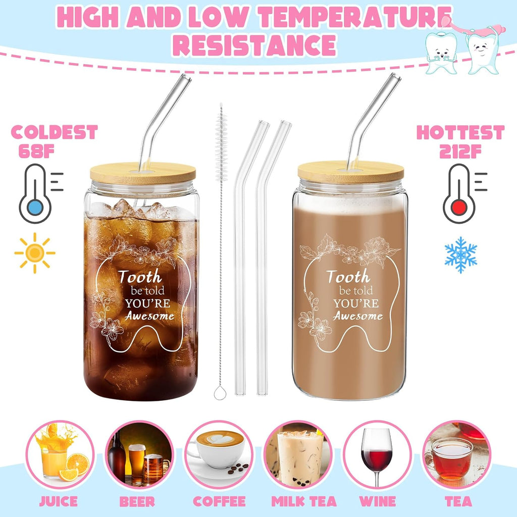 Pickmesh 6 Pcs Dental Gifts Nurse Assistant Hygienist Gifts 16 oz Glass Cups with Lid Makeup Bag Smiling Tooth Shape Felt Badge Holder Ceramic Pen Toothbrush Pot for Women Coworkers(White)