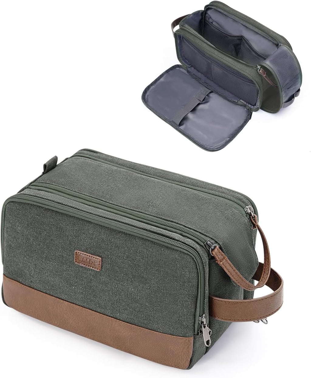 WANDF Toiletry Bag for Men Travel Toiletry Organizer Canvas and Leather Dopp Kit Water-Resistant Shaving Bag for Travel Accessories (Green, Medium)