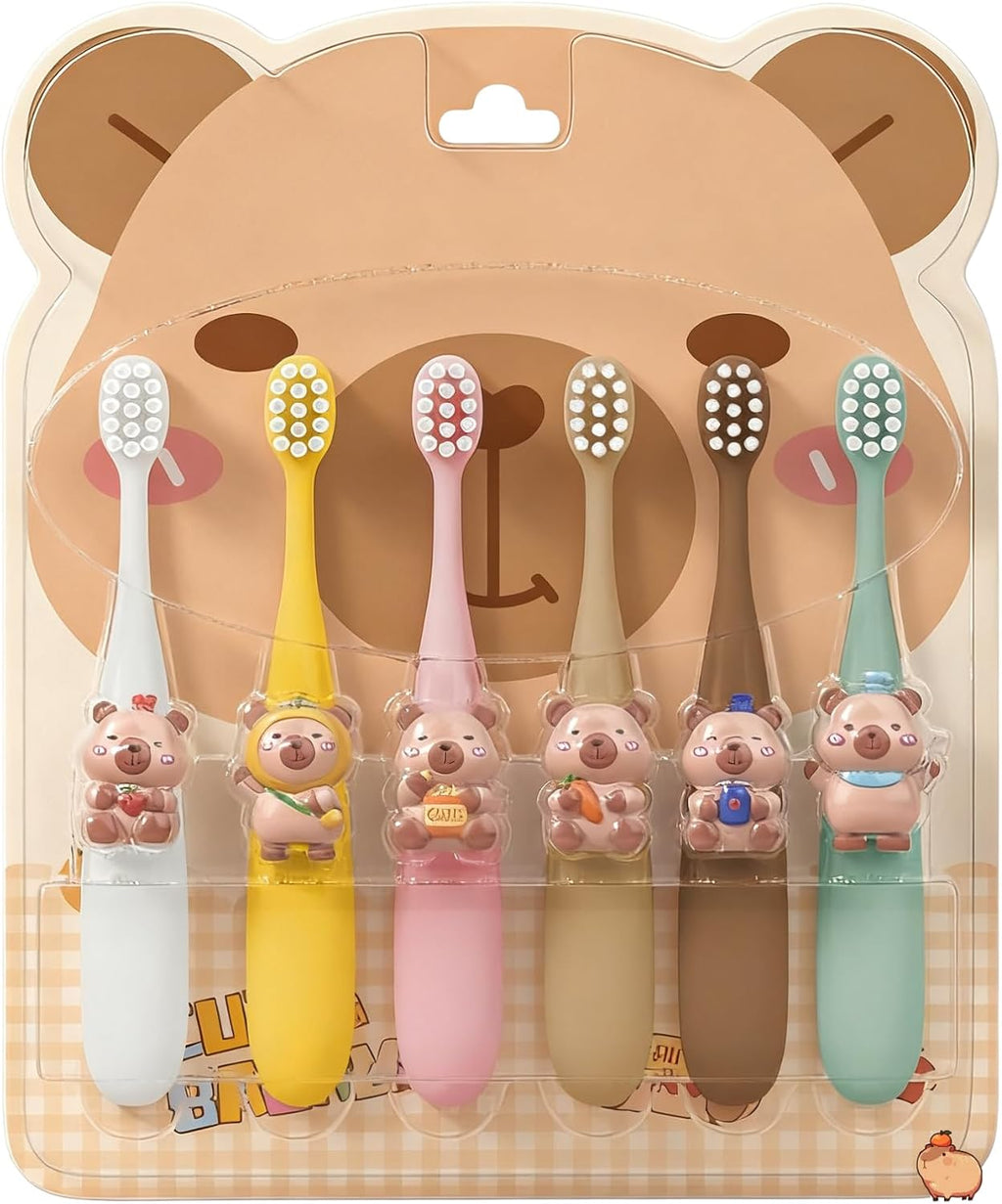 Capybara Kids Toothbrush 6-Pack - Soft Bristles with Suction Cup - Kids Toothbrush, Child-Sized Brush Heads, Easy-Storage Toothbrushes for Ages 3-12, Girls and Boys Set