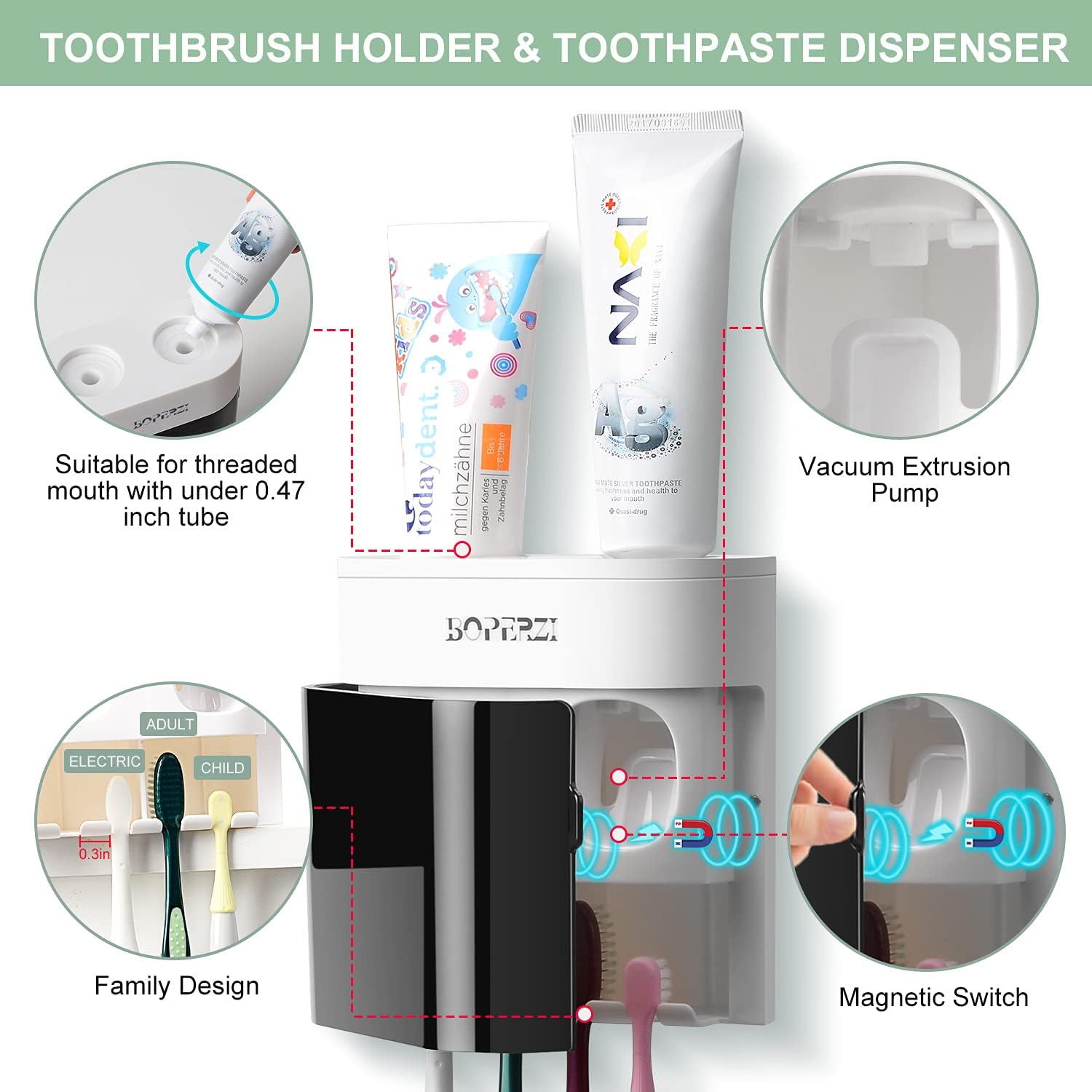 Boperzi 2 Pack Electric Toothbrush Stander and Toothbrush Holder Wall Mounted Automatic Toothpaste Dispenser Dustproof Cover Toothbrush Holder for Shower Bathroom Set Kids Family(Black+2 Pack)