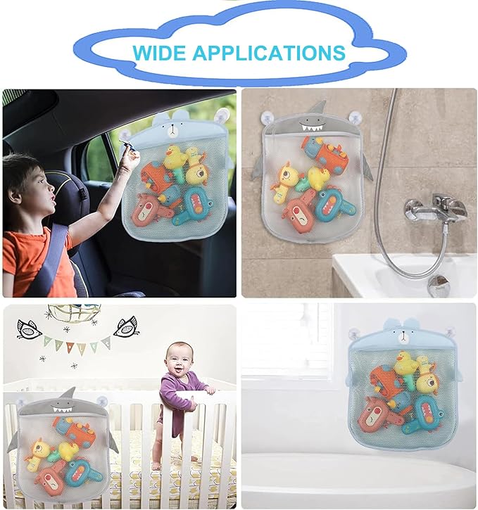 2 Pack Mesh Bath Toy Organizer, Cute Shark & Bear Bath Toy Storage Net Bathtub Toy Organizer, Perfect Bathroom Hanging Storage Bag Quick Dry Bath Toy Holder Bag with 8 Strong Hooks (Set A)