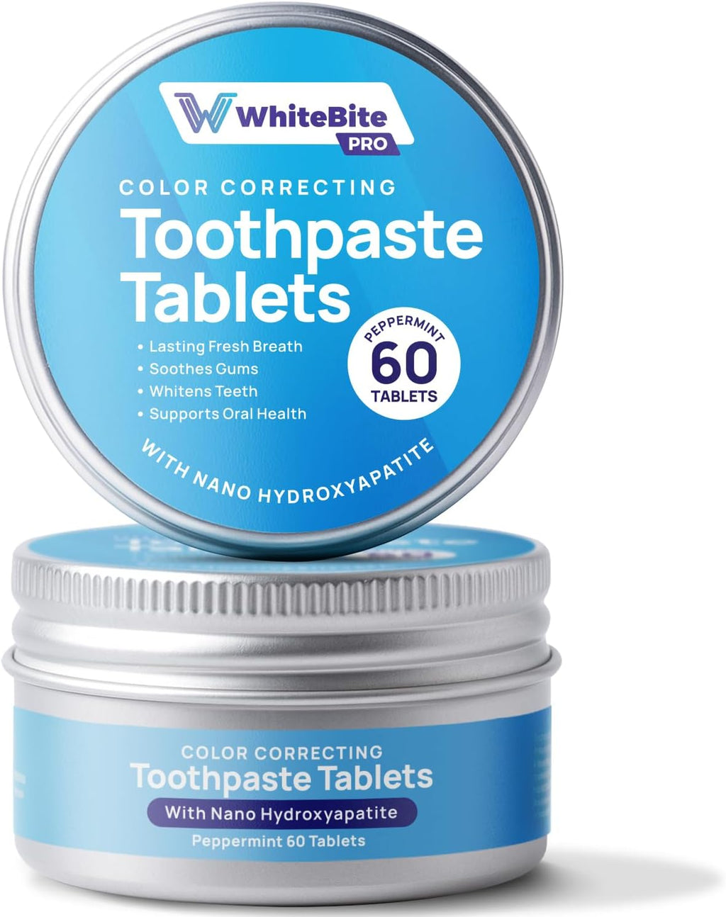 Whitebite Pro Color Correcting Toothpaste Tablets – Natural Whitening & Fresh Breath with Nano Hydroxyapatite | Fluoride-Free, Plastic-Free, Travel-Friendly Toothpaste & Mouthwash (60 Tabs)