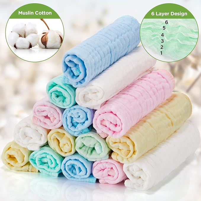 Breling 20 Pcs Baby Muslin Washcloth 12 x 12 Inch 100% Cotton Soft and Absorbent Muslin Washcloth Burp Cloth Wipe Newborn Face Towel for Baby Boy Girl Sensitive Skin (Blue, White, Green, Yellow, Pink)