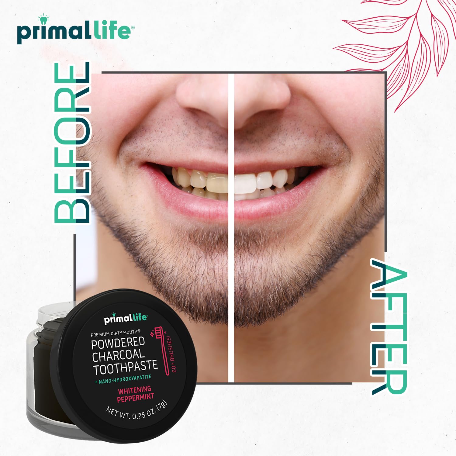 Primal Life Organics -Dirty Mouth Toothpowder, Activated Charcoal Tooth Cleaning Powder, Essential Oils, Hydroxyapatite, Kaolin, Bentonite Clay, 60+ Brushings, Organic, Vegan Black Peppermint 0.25oz