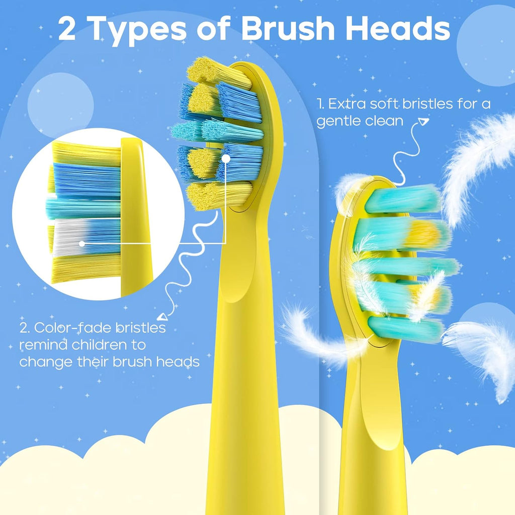 SEAGO Kids Electric Toothbrush, Sonic Soft Bristle Rechargeable Toothbrushes with DIY Stickers, 5 Modes, Includes 4 Replacement Brush Heads, Ages 3 to 12 Years Old (Yellow)