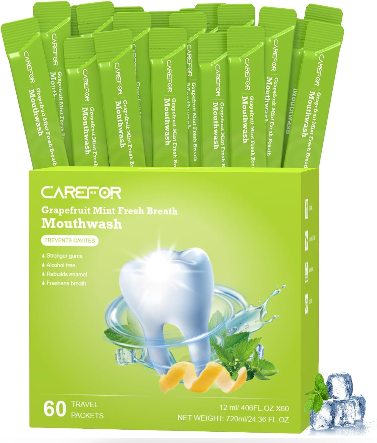Travel Size Mouthwash Packets – Individual Mini, Alcohol & Fluoride Free, Grapefruit Mint Flavor, Mouthwash to Go for On-The-Go Freshness, Bulk Packets 0.41 Fl Oz