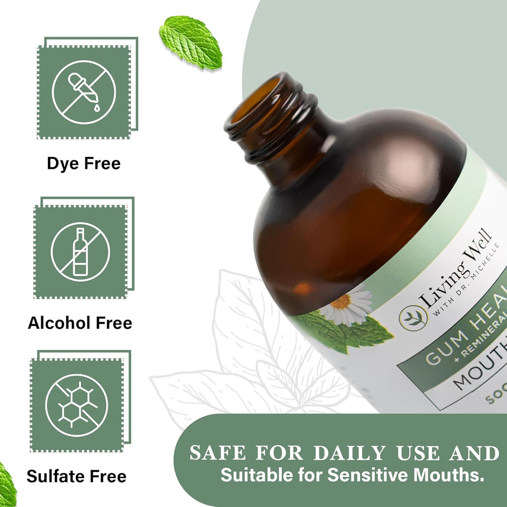 Living Well with Dr. Michelle Remineralizing + Gum Health Mouthwash – Soothing Mint | Hydroxyapatite, Colloidal Silver | Alcohol-Free, Fluoride-Free, Fresh Breath Support