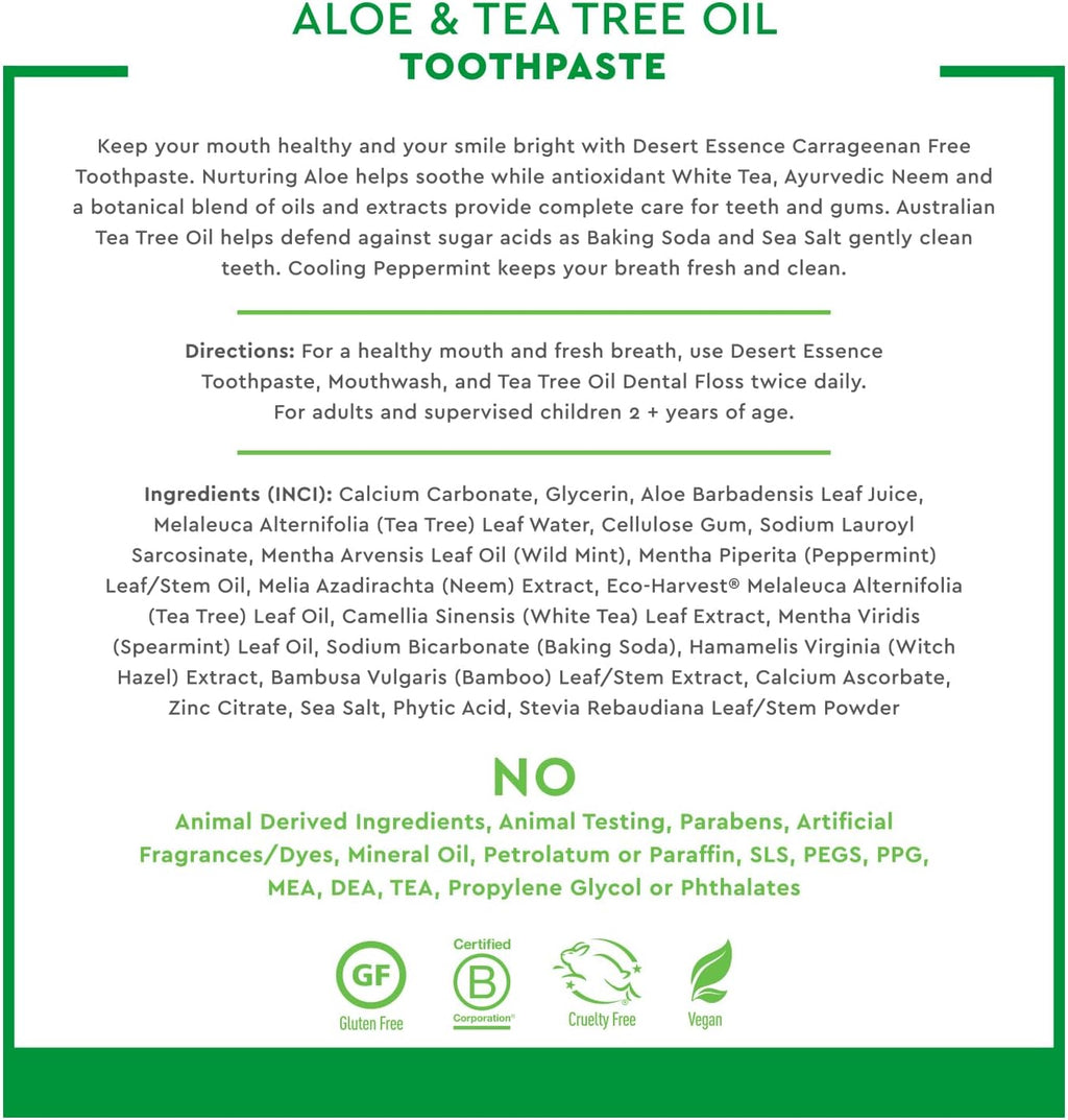 Desert Essence Aloe & Tea Tree Oil Toothpaste - Peppermint - Ideal For Sensitive Teeth & Gums - Complete Oral Care - Aloe - Tea Tree Oil - Baking Soda - Refreshes Breathe - Carrageenan Free