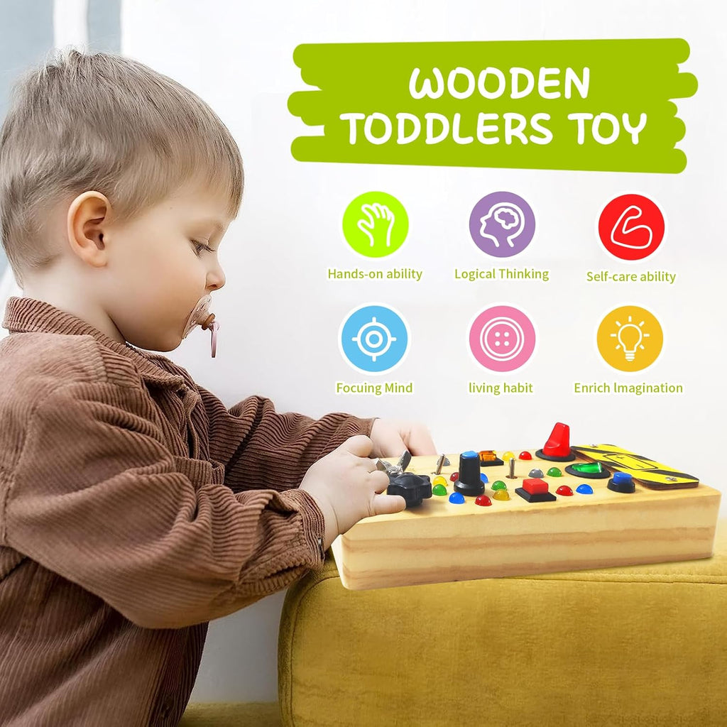 TenFans Montessori Busy Board with 8 LED Light Modes - Sensory Toys for 3-5 Year Olds & Airplane Travel, Wooden Activity Board Develops Fine Motor Skills