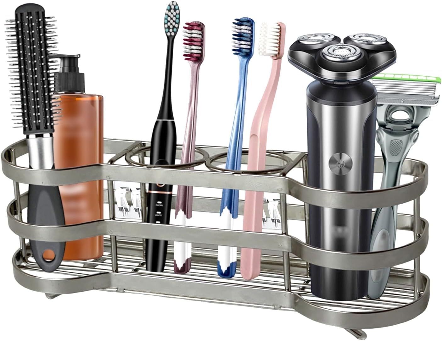 Wall Mount Toothbrush Holder for Shower Stainless Steel Toothbrush Stand, Self-Adhesive Wallmount/Countertop 4 Slots Bathroom Accessories Organizer (Silver 1)