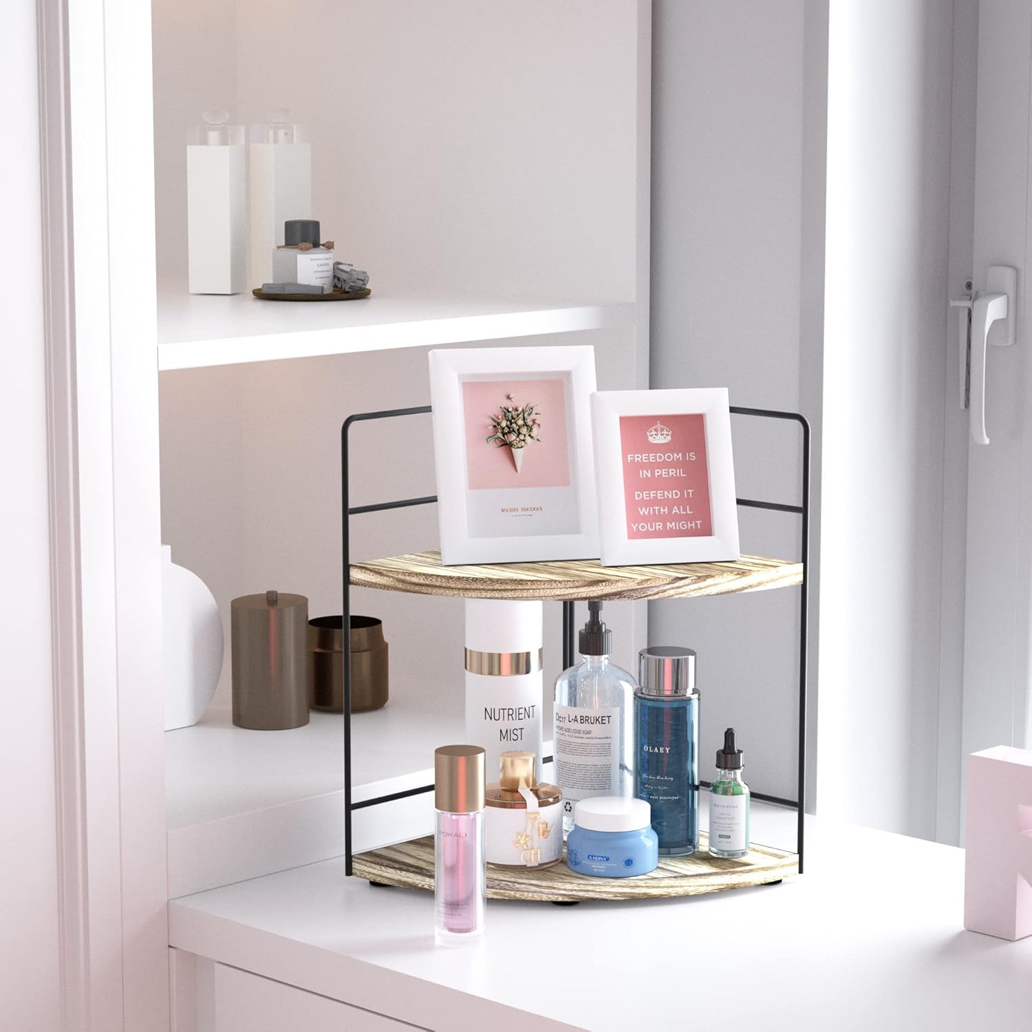 ZGO 2-Tier Bathroom Counter Organizer, Corner and Makeup Organizer for Vanity and Kitchen Counter, Wood