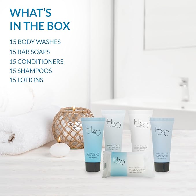 H2O Therapy Hotel Soaps & Toiletries Bulk Set | 1-Shoppe Amenities Kit | 0.85oz Shampoo & Conditioner, Body Wash, Lotion, 1oz Bar Soap | Travel Size | 75 Pieces