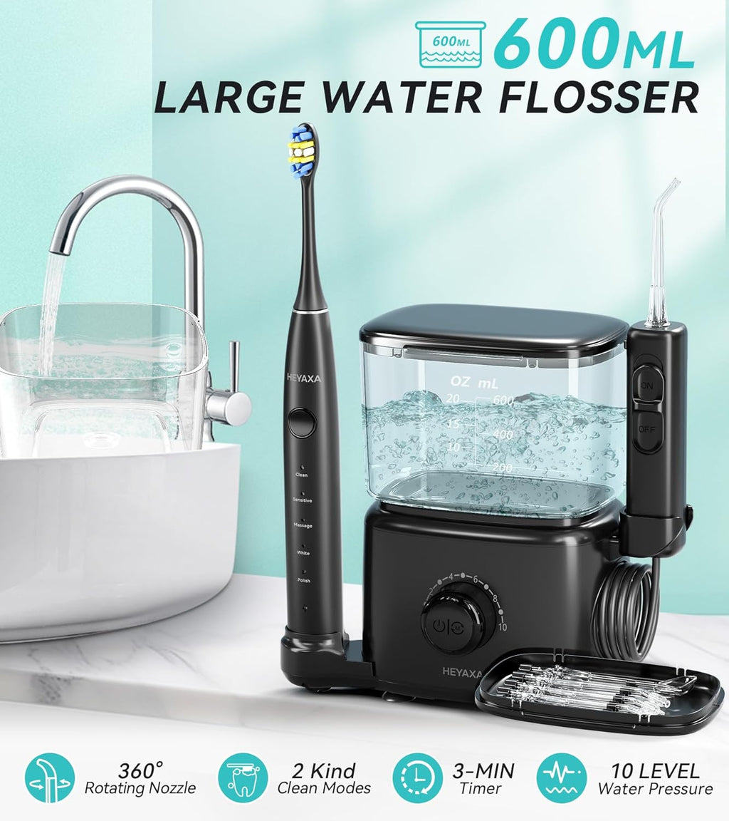 Professional Water Flosser & Electric Toothbrush Combo, 600ML Home Use Oral Irrigator for 10 Adjustable Water Pressure, 2 Cleaning Modes, 1+1 Brushing & Flossing for Complete Oral Care (Black)