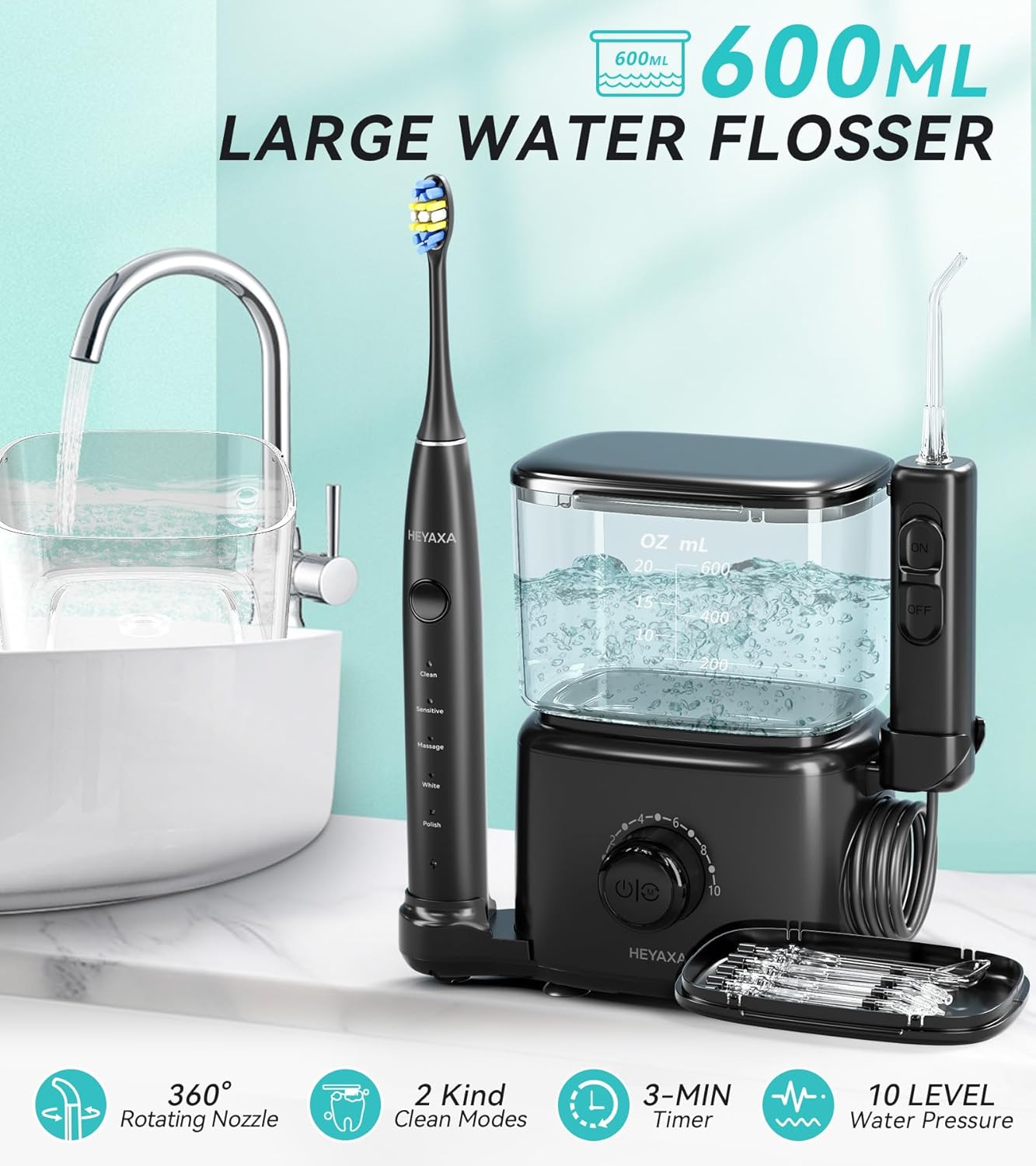 Professional Water Flosser & Electric Toothbrush Combo, 600ML Home Use Oral Irrigator for 10 Adjustable Water Pressure, 2 Cleaning Modes, 1+1 Brushing & Flossing for Complete Oral Care (Black)