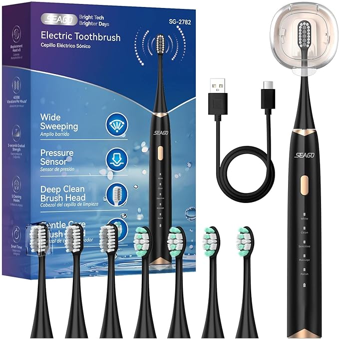 SEAGO Electric Toothbrush for Adults with Pressure Sensor, Sonic Toothbrushes Holder Wall Mounted, 30 Days Battery Life, 5 Cleaning Modes, 8 Replacement Heads, Timer & IPX7 Waterproof (Black, Middle)