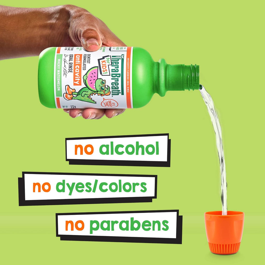 TheraBreath Kids Organic Wacky Watermelon Mouthwash with Fluoride, Anticavity, Dentist Formulated, 16 Fl Oz (Pack of 2)