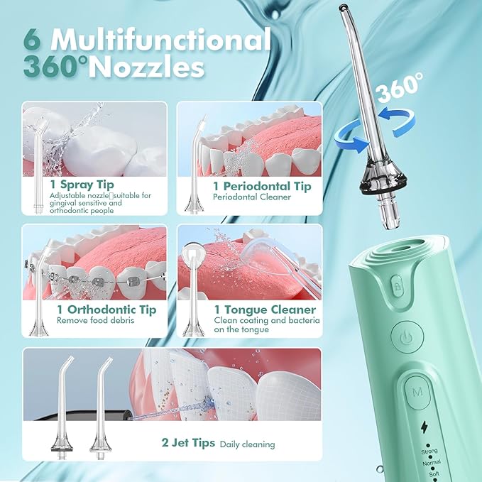 Water Flosser Teeth Pick: 5 Modes Cordless Water Dental Floss 300ML Portable Rechargeable IPX7 Waterproof Electric Water Flossing Cleaning Picks with 6 Jet Tips Oral Irrigator, Mint Green