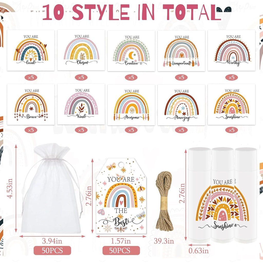 50 PCS Bohemian Rainbow Lip Balm Bulk Inspirational Words Appreciation Gift for Women Thank You Gifts Moisturizer Lips for Baby Shower Coworkers Friend Wedding Bridal Shower Thanksgiving Christmas