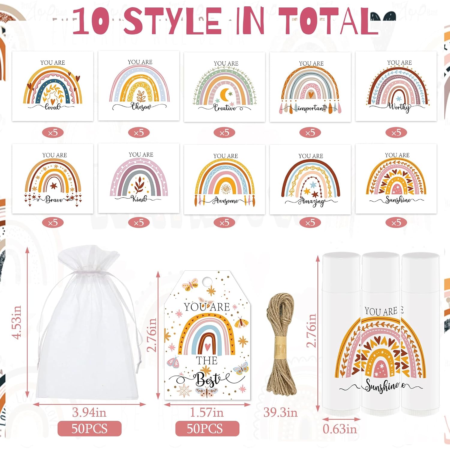 50 PCS Bohemian Rainbow Lip Balm Bulk Inspirational Words Appreciation Gift for Women Thank You Gifts Moisturizer Lips for Baby Shower Coworkers Friend Wedding Bridal Shower Thanksgiving Christmas