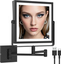 Ruacq Rechargeable Wall Mounted Makeup Mirror with Lights, Double Sided 1X/10X Magnifying Vanity Mirror with 3 Color Lighting, Touch Screen Dimmable, 360° Rotation Extension Foldable Arm(Matte Black)