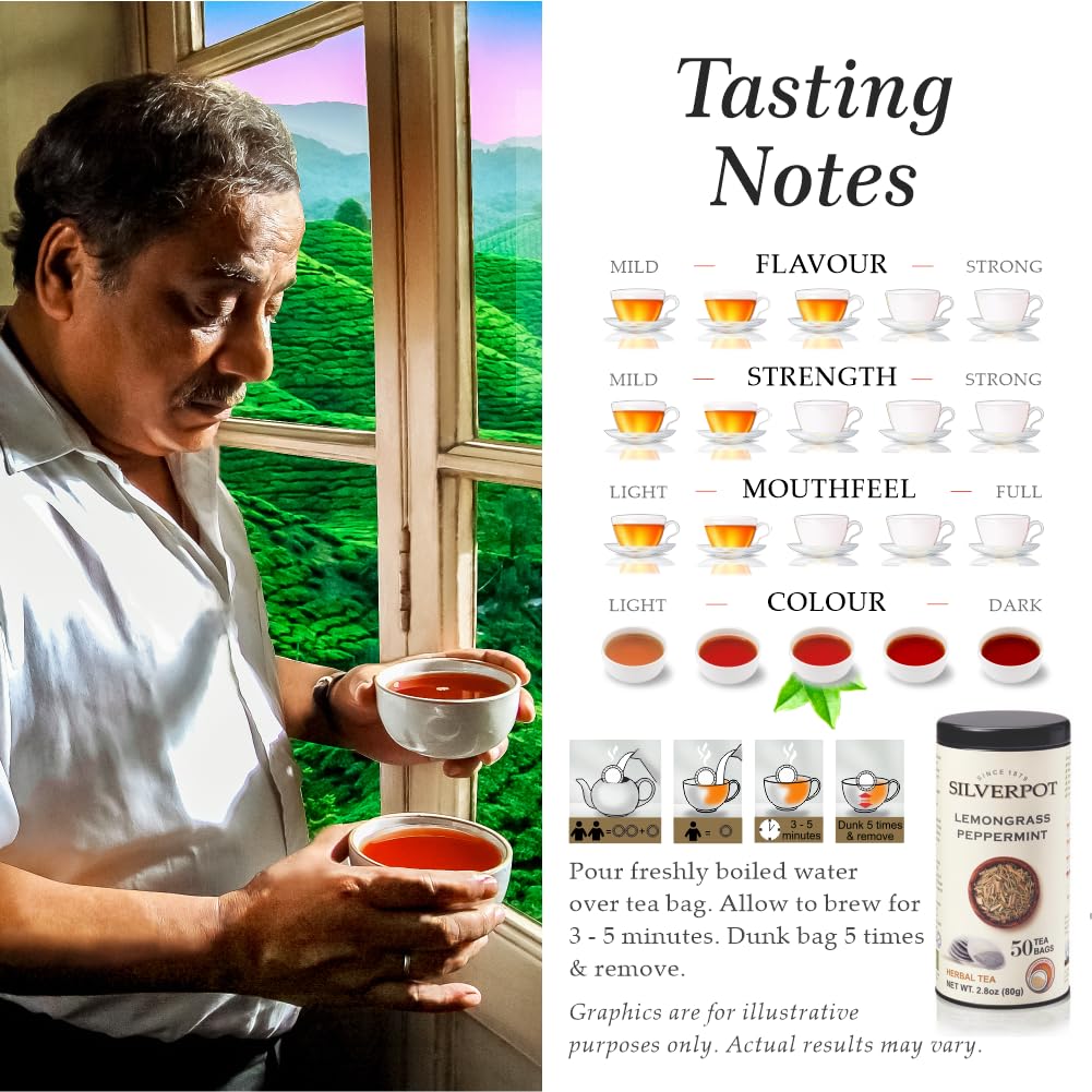Silverpot Lemongrass & Peppermint - 50 Round Tea Bags | Cooling Citrus Mint Flavor | 100% Natural | Caffeine Free | Reusable Tin