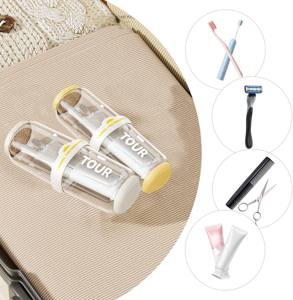 Toothbrush Travel Case, 2 pack Portable Tooth Brush and Toothpaste Holder Rinse Cup Cover Container Compact Oral Clean Tools Organizer for Camping Traveling Home School Business(White + Yellow)