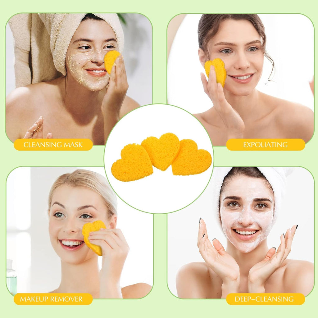 Nuenen 60 Pieces Facial Sponges with Container, Heart Shape Compressed Face Sponges Natural Cleaning Pads for Washing Face Cleaning Exfoliating Esthetician Makeup Removal(Yellow)
