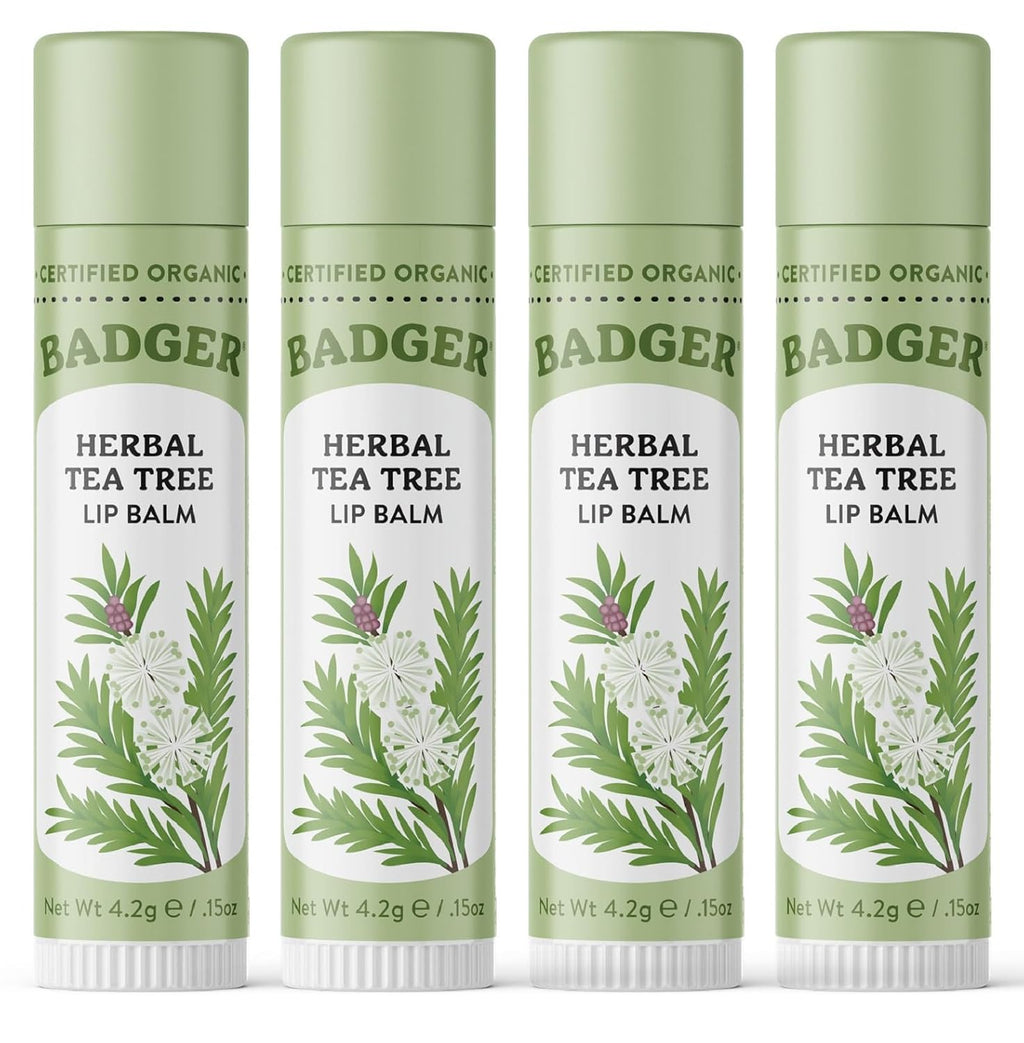 Badger Tea Tree Classic Lip Balm, 100% Organic Lip Balm, Moisturizing Herbal Lip Care w/Light Silky Texture, Soothing & Refreshing Lip Care for Irritated or Chapped Lips, 4 Pack