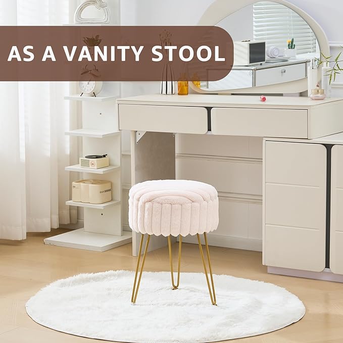 Wimarsbon Vanity Stool with Storage, Faux Fur Ottoman Chair with Metal Legs, Round Makeup Vanity Chair for Bedroom or Dressing Table, Modern Small Ottoman Seat (Champagne-1)