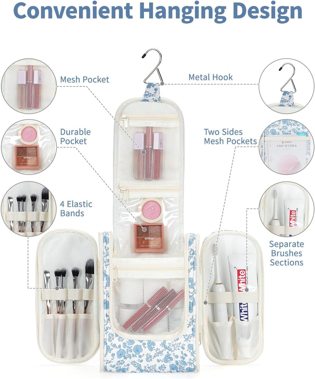 Narwey Hanging Toiletry Bag Women Travel Makeup Bag Organizer Toiletries Bag for Travel Size Essentials Accessories Cosmetics (Medium,Little Blue Flower)