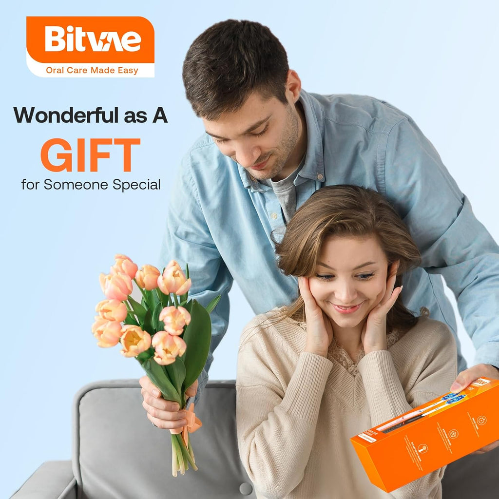 Bitvae Rotating Electric Toothbrush 2 Packs for Adults with Pressure Sensor, Gifts for Men/Women, 5 Modes Rechargeable Power Toothbrush with 8 Brush Heads, Black & Pink, R2