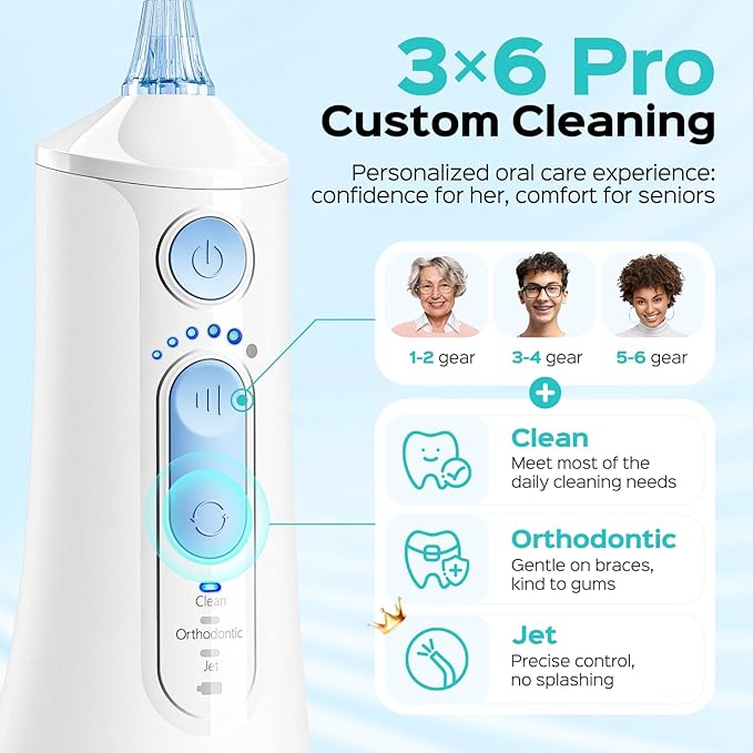 COSLUS Portable Water Flosser for Teeth: 3 Modes & 6 Pressure Settings with Jet Mode Water Dental Pick for Orthodontic, Braces, Sensitive Gums, Compact for Travel, 300ML for Multiple Users, White C51