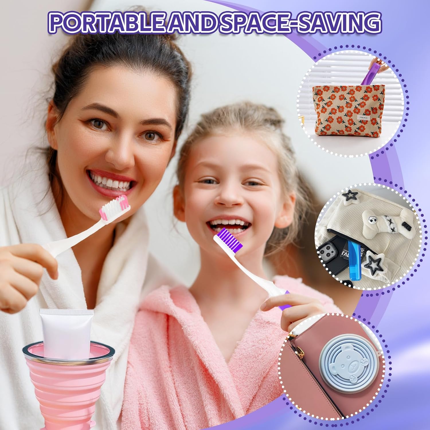 Toothbrush Travel Case, Travel Toothbrush Silicone Collapsible Toothbrush Cup, Travel Toothbrush Set Suitable for Business Camping Travel or Daily Use (Purple)