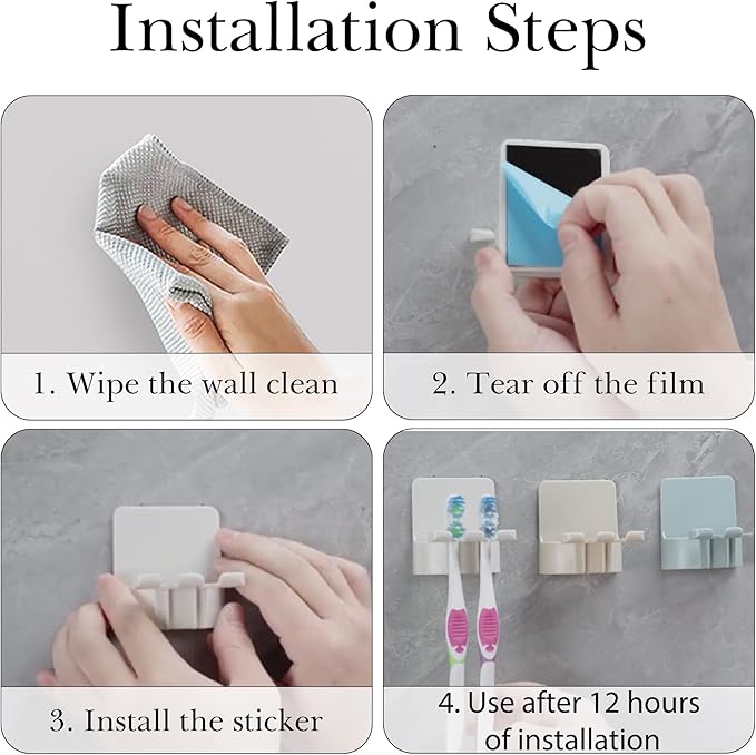 2 PCS Self-Adhesive Toothbrush Holders Wall Mounted, Water Proof Toothbrush Hook, 3 in 1 with Toothbrush Hanger Toothpaste Holder and Gargle Cup Holder for Bathroom Shower (White)