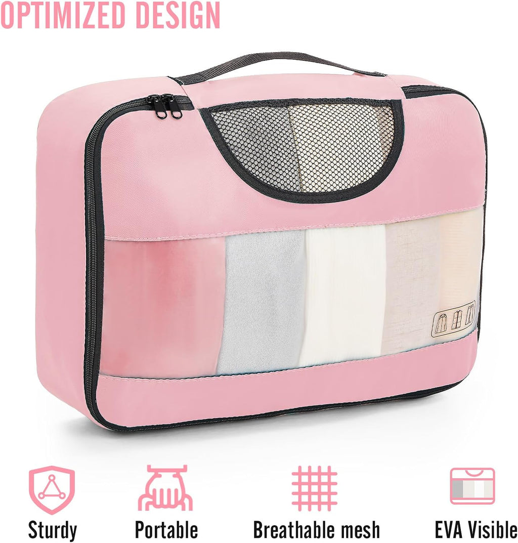 Veken 8 Set Packing Cubes for Travel Essentials, Pink Suitcase Organizer Bags in 4 Sizes, Carry-On Luggage Accessories with Large Laundry & Hanging Toiletry Bag, Must-Have for Airplane, Road Trip