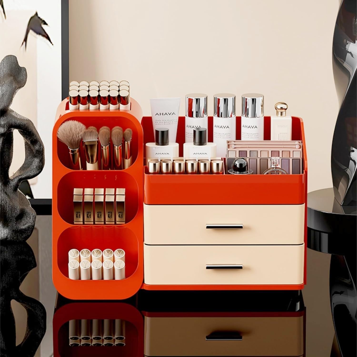 Makeup Organizer with Drawers,Large Capacity Countertop Organizer for Vanity,Bathroom and Bedroom Desk Cosmetics Organizer,Easy To Storage Skincare,Brushes,Lotions,Lipstick (Red and Cream)