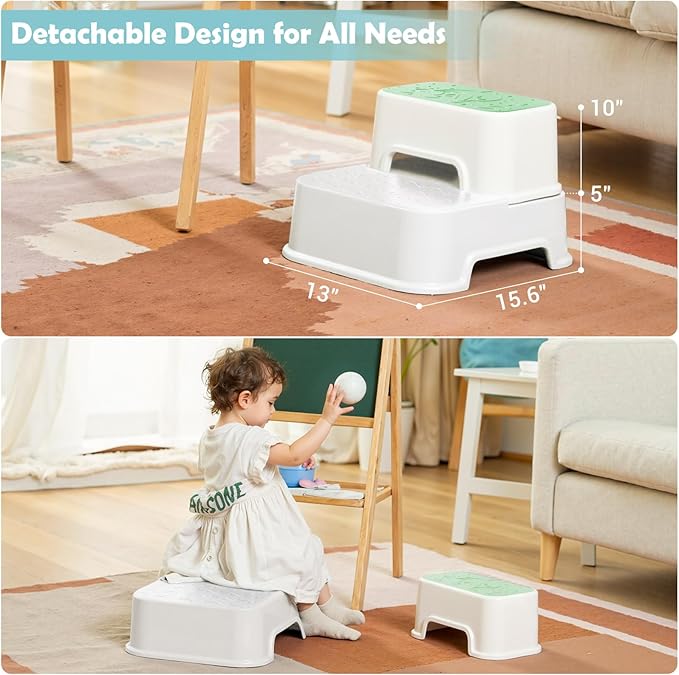 2-Step Stool for Kids - Toddler Anti-Slip Step Stool for Bathroom Sink/Toilet Potty Training/Kitchen Counter, 10" Height, 220 lbs Capacity, Durable & Stable (2Packs Green)
