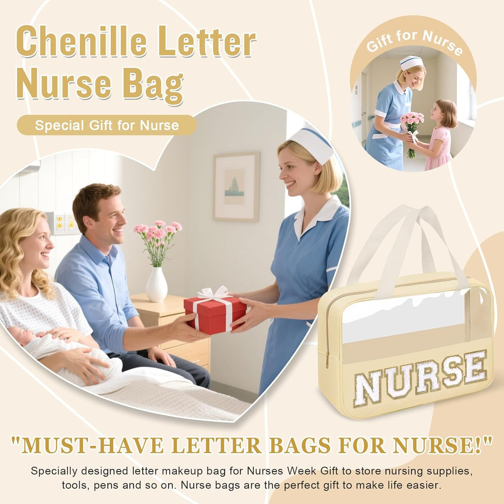 Nurses Week Gifts Chenille Letter Clear NURSE Makeup Bag for Women,Preppy Nurse Cosmetic Pouch Zipper with Handle Nurse Essentials Bag for Work Supplies,Labor and Delivery Nurse Gifts(NURSE-Beige)