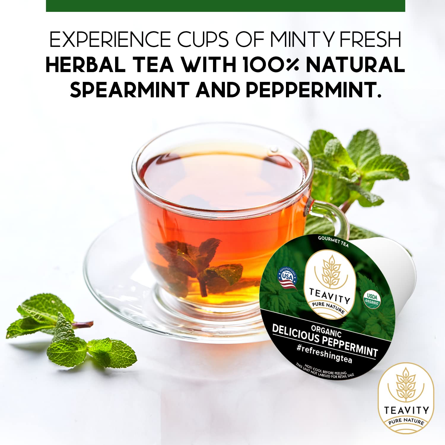 Organic Peppermint Tea Pods for Keurig - Decaf Tea - by Teavity (36 Tea Pods)