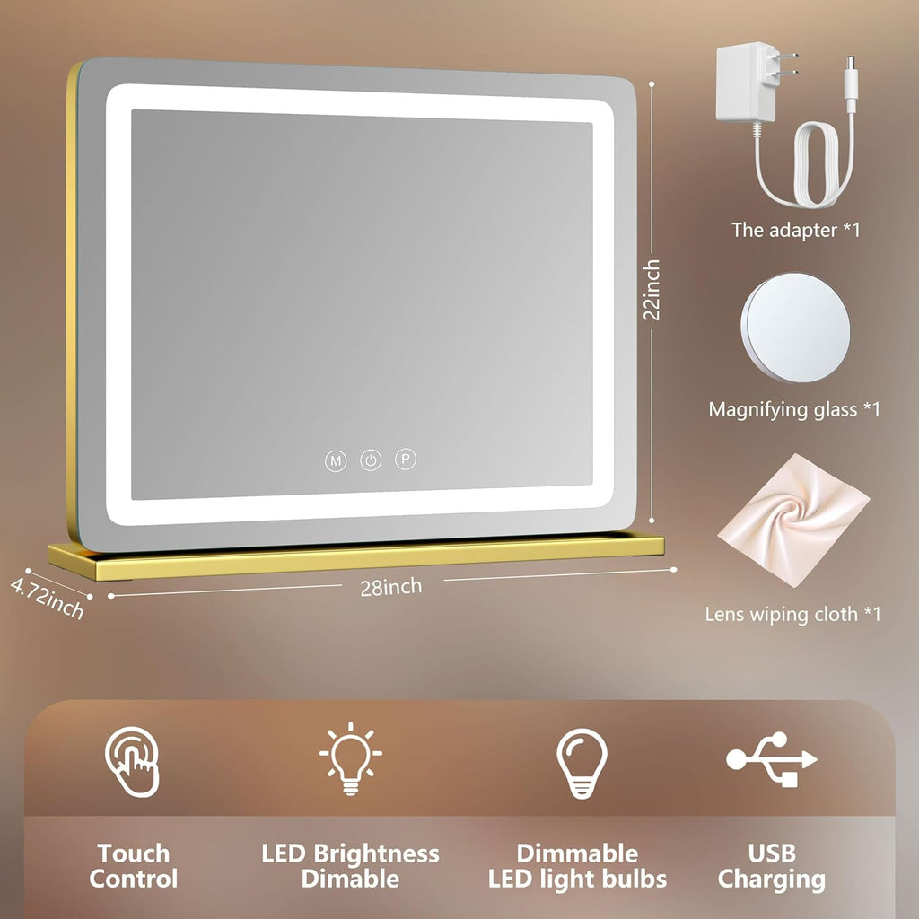 Vanity Mirror with Lights, 28" x 22" LED Makeup Mirror, Lighted Makeup Mirror with 10X Magnification,Dimmable 3 Modes, Touch Screen Control Vanity Mirror Round Gold