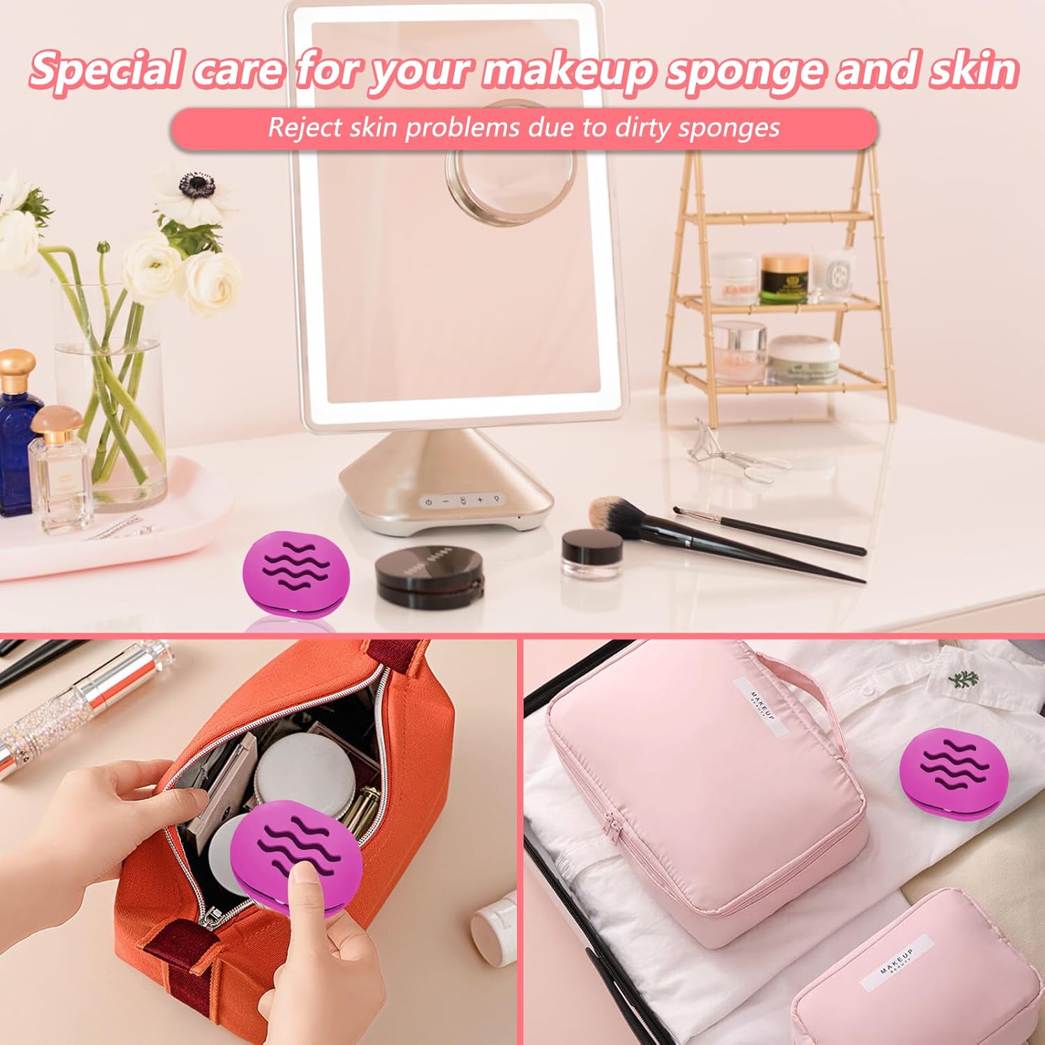 Makeup Sponge Holder,Travel Make up Sponges Organizer,Silicone Shatterproof Make Up Sponge Case,Breathable makeup sponge case, suitable for business or travel（Purple）