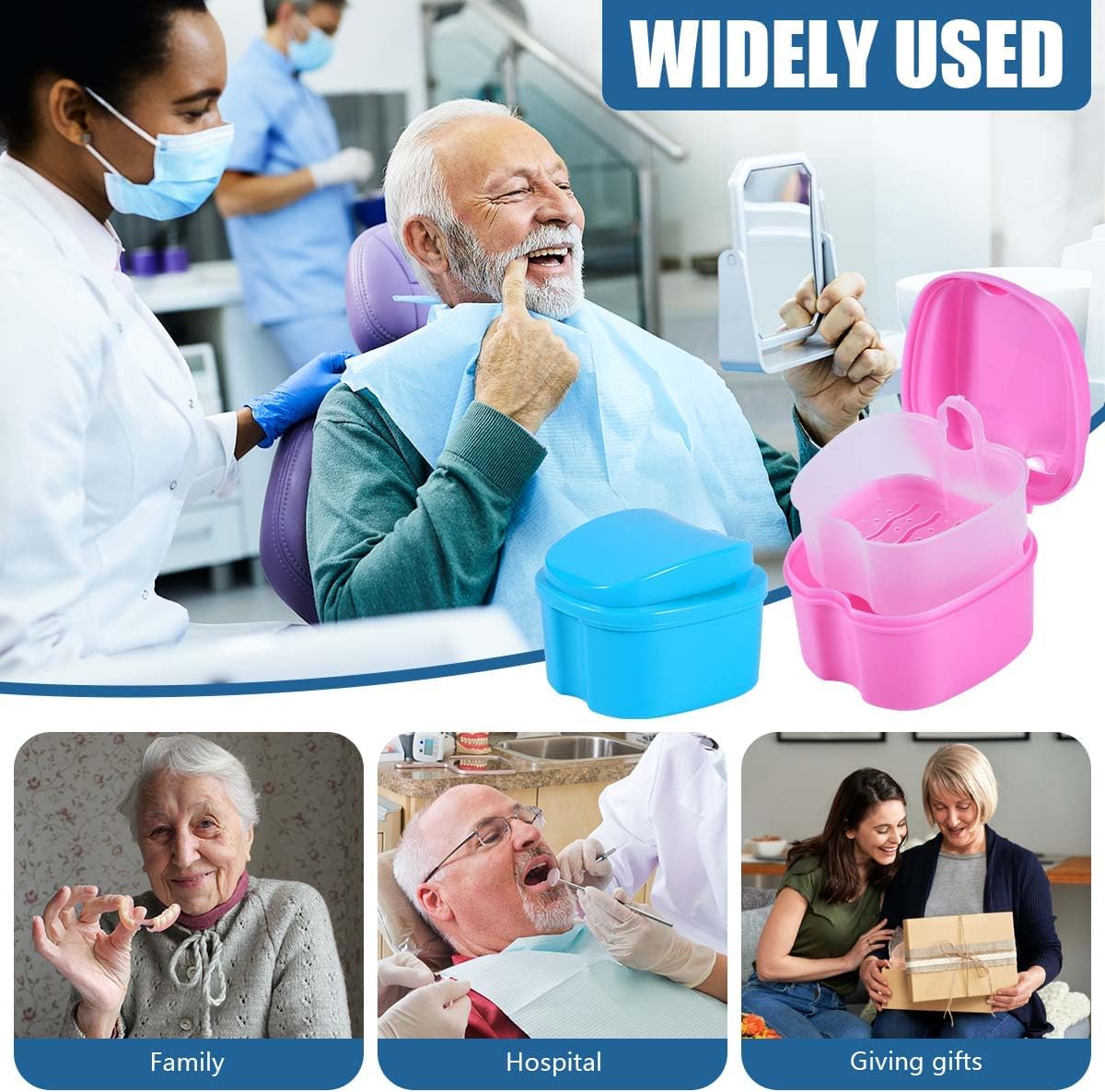 2 Pack Colors Denture Bath Case Cup Box Holder Storage Soak Container with Strainer Basket for Travel Cleaning (Light Blue and Pink)